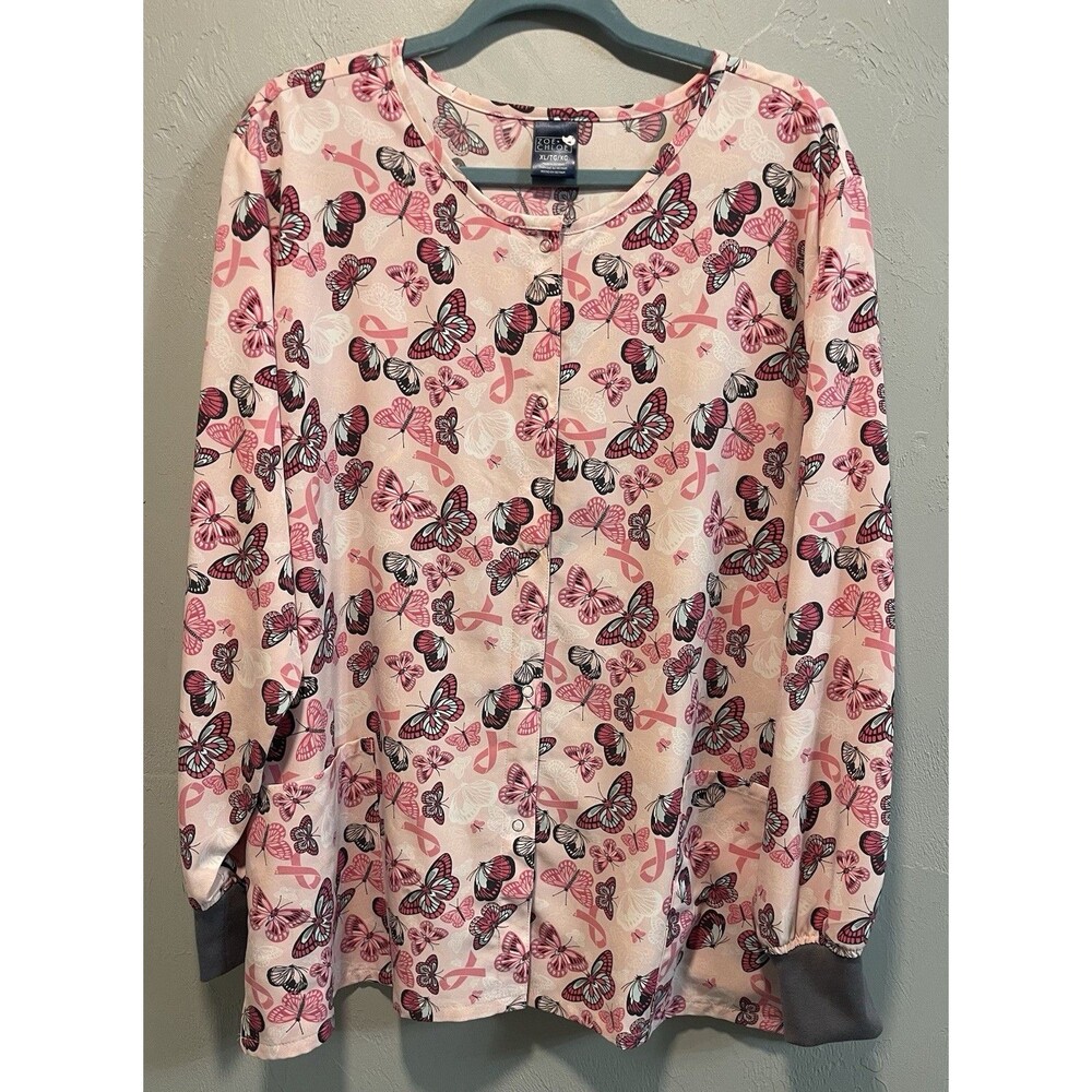 Zoe + Chloe Scrub Top Long Sleeve Pink Gray Butterfly Snap Button Women’s XL